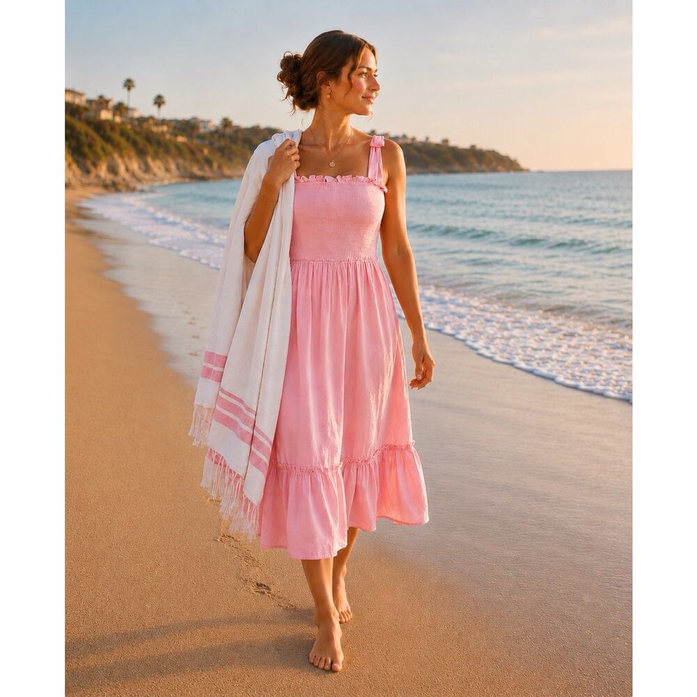NEW Size XL Summer Boho Sundress, Cotton Linen-Look, Tie-straps, Ruffle, PINK